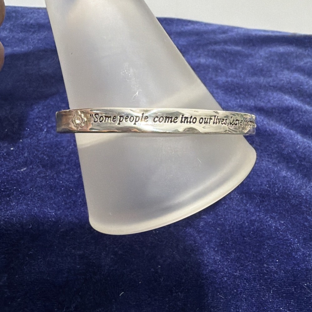 Brighton FOOTPRINTS Crystal Hinged Bracelet Silver Plated Hammered Bangle 7"